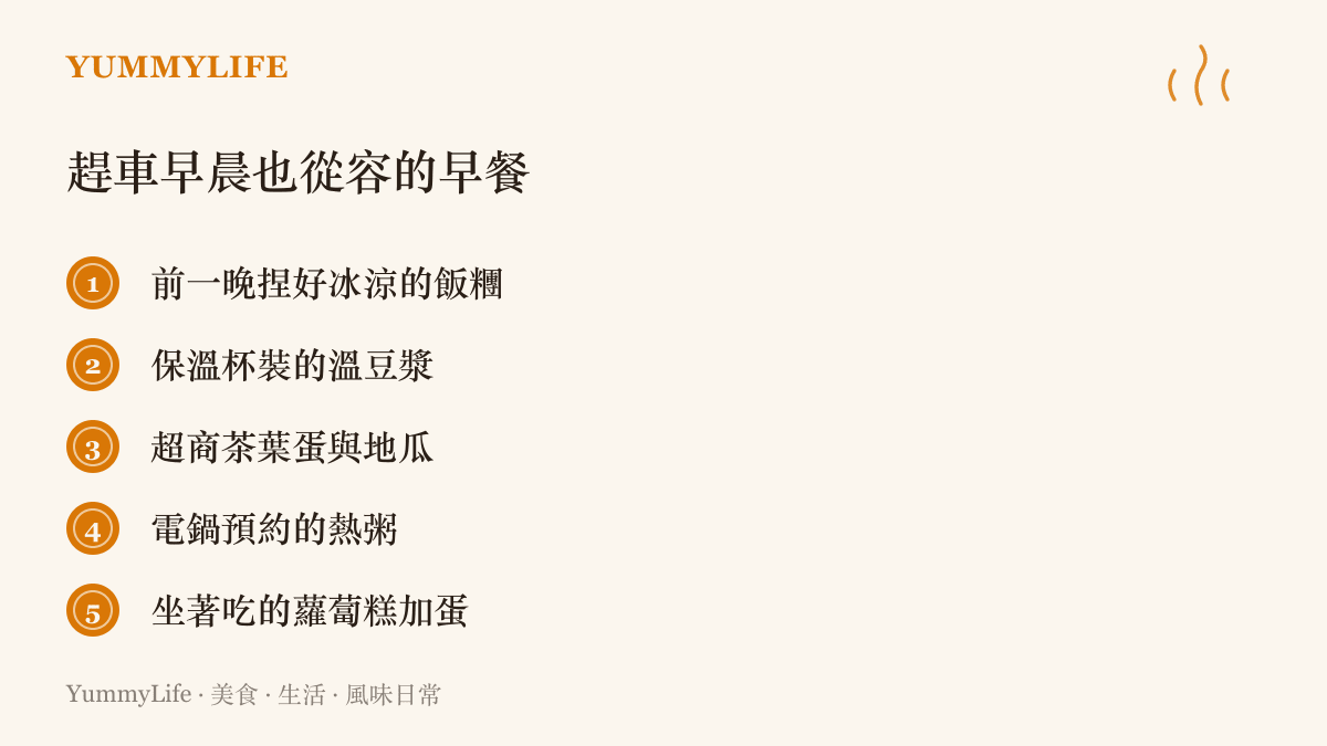 清單圖卡列出五種趕車早晨也能從容喫的早餐，包含前一晚捏好的飯糰、保溫杯溫豆漿、超商茶葉蛋與地瓜、電鍋預約熱粥和坐著喫的蘿蔔糕加蛋