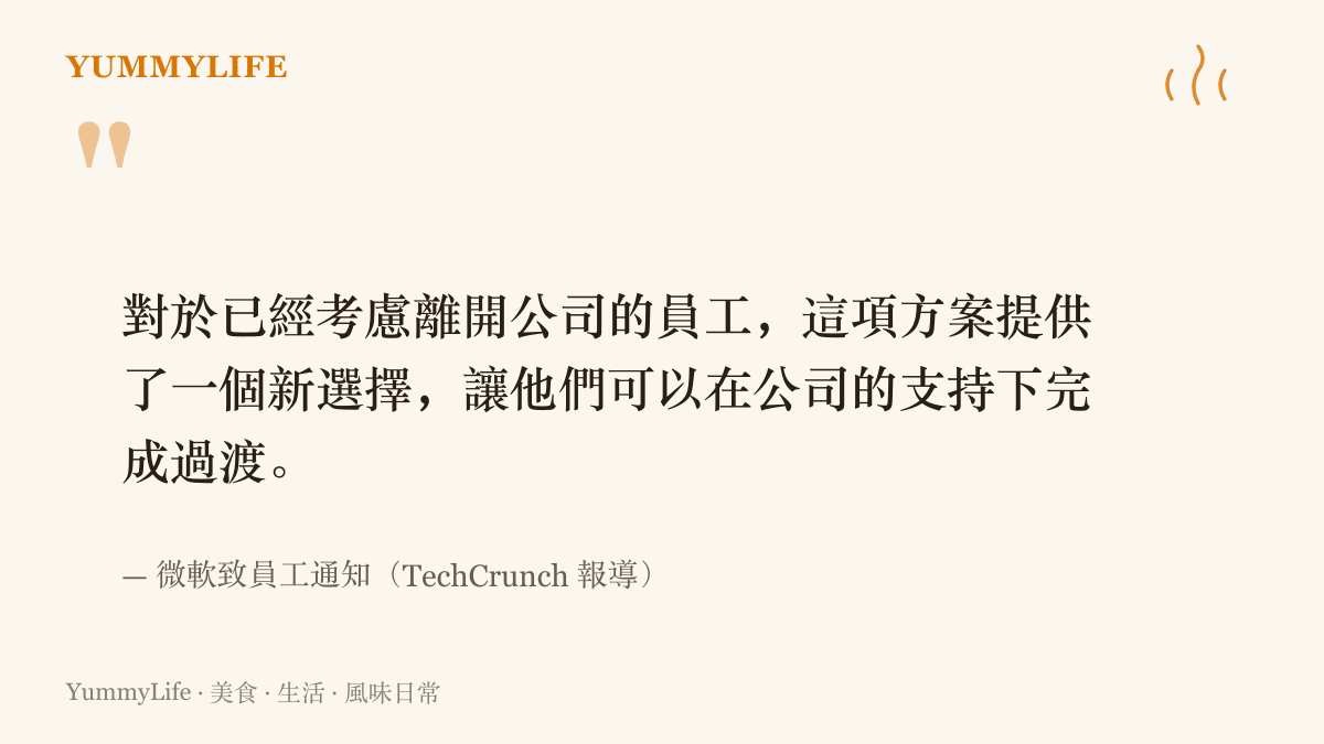 引言圖卡摘錄微軟發給員工的通知內容，說明自願離職方案是為有意離開的員工提供支持與過渡的選擇