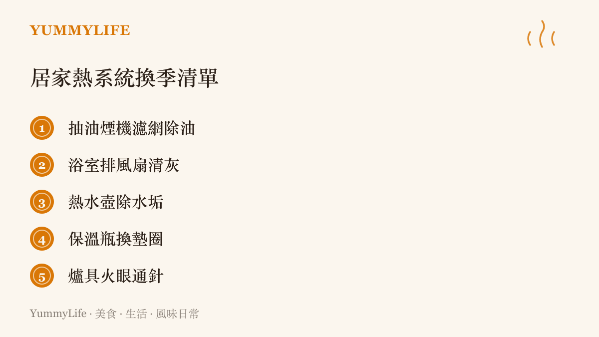 居家熱系統換季清單包含抽油煙機濾網除油、浴室排風扇清灰、熱水壺除水垢、保溫瓶換墊圈與爐具火眼通針五項檢查