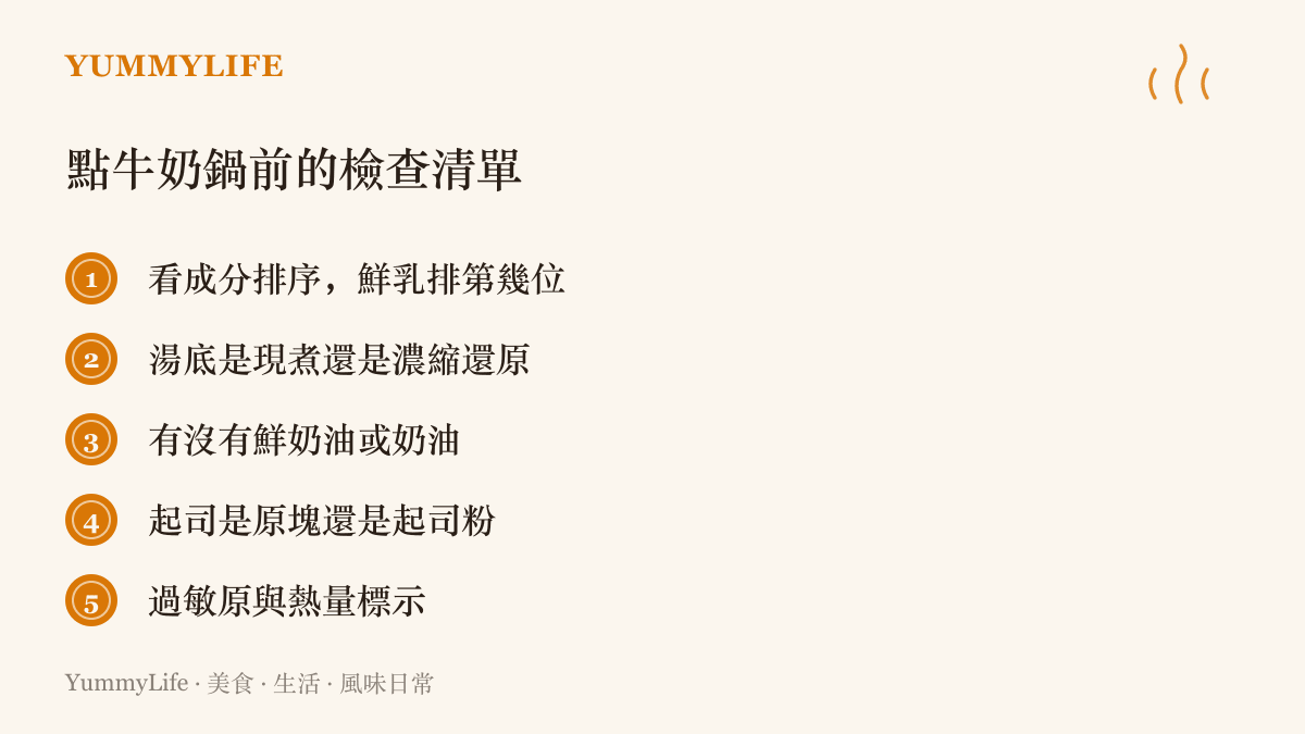 清單列出點牛奶鍋前檢查湯底標示的五個重點：成分排序、現煮或濃縮還原、有無鮮奶油、起司種類、過敏原與熱量標示