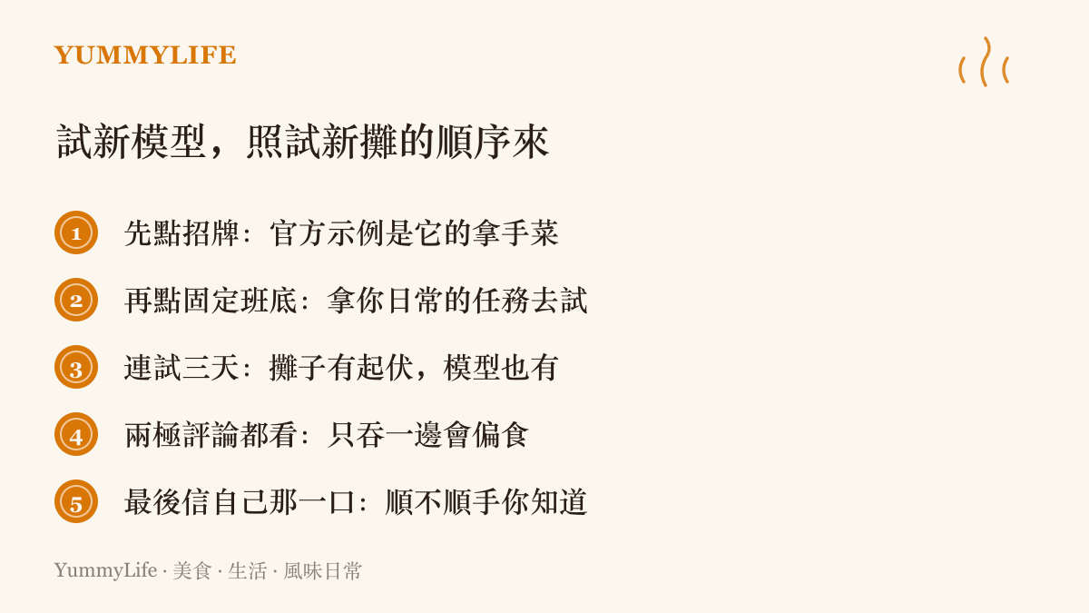 清單圖卡列出手把手試用新模型的五個步驟，從先看招牌示例、用日常任務實測，到交叉看兩極評論並相信自己的使用體驗