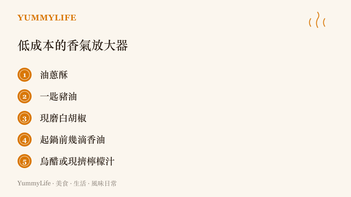 清單列出五種花小錢就能大幅提升料理香氣的材料：油蔥酥、一匙豬油、現磨白胡椒、起鍋前幾滴香油、烏醋或現擠檸檬汁