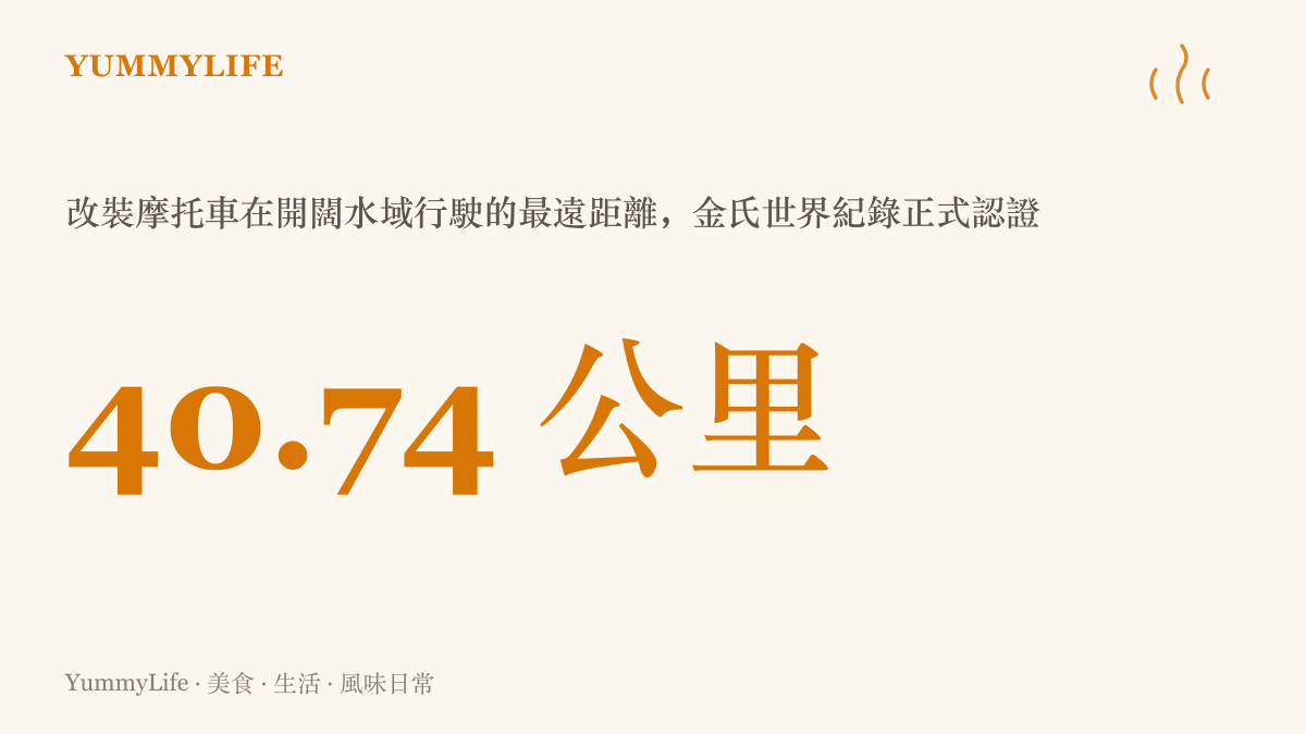 數據圖卡呈現張雪駕駛改裝摩託車MX450在開闊水域行駛40.74公裏，刷新金氏世界紀錄的認證成績