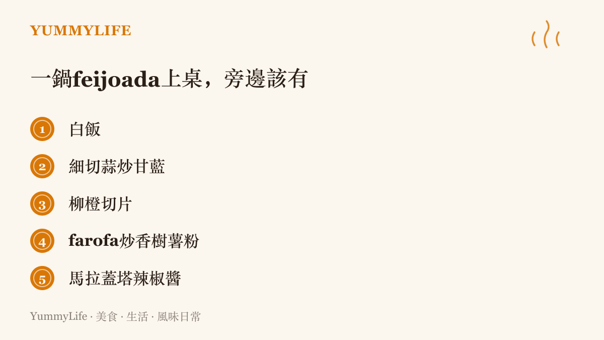 清單圖卡列出一鍋巴西黑豆燉肉上桌時的標準配備：白飯、細切蒜炒甘藍、柳橙切片、farofa炒香樹薯粉與馬拉蓋塔辣椒醬