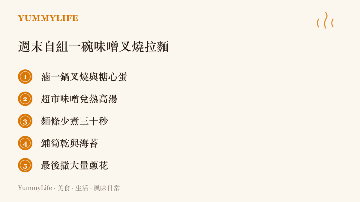 清單圖卡列出週末在家自組一碗味噌叉燒拉麵的五個步驟：滷叉燒與糖心蛋、味噌兌高湯、麵條少煮三十秒、鋪筍乾與海苔、撒蔥花