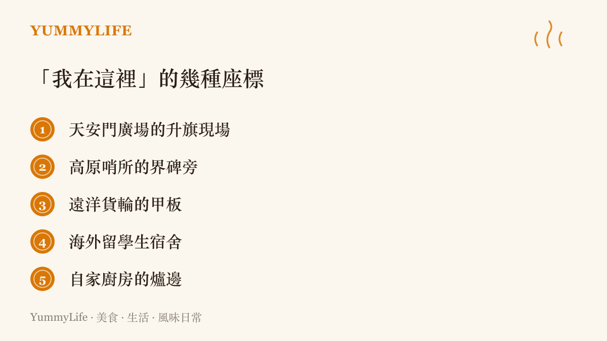 清單圖卡列出國慶話題影片裡各地網友慶生的地點，從天安門廣場的升旗現場一路排到自家廚房的爐邊