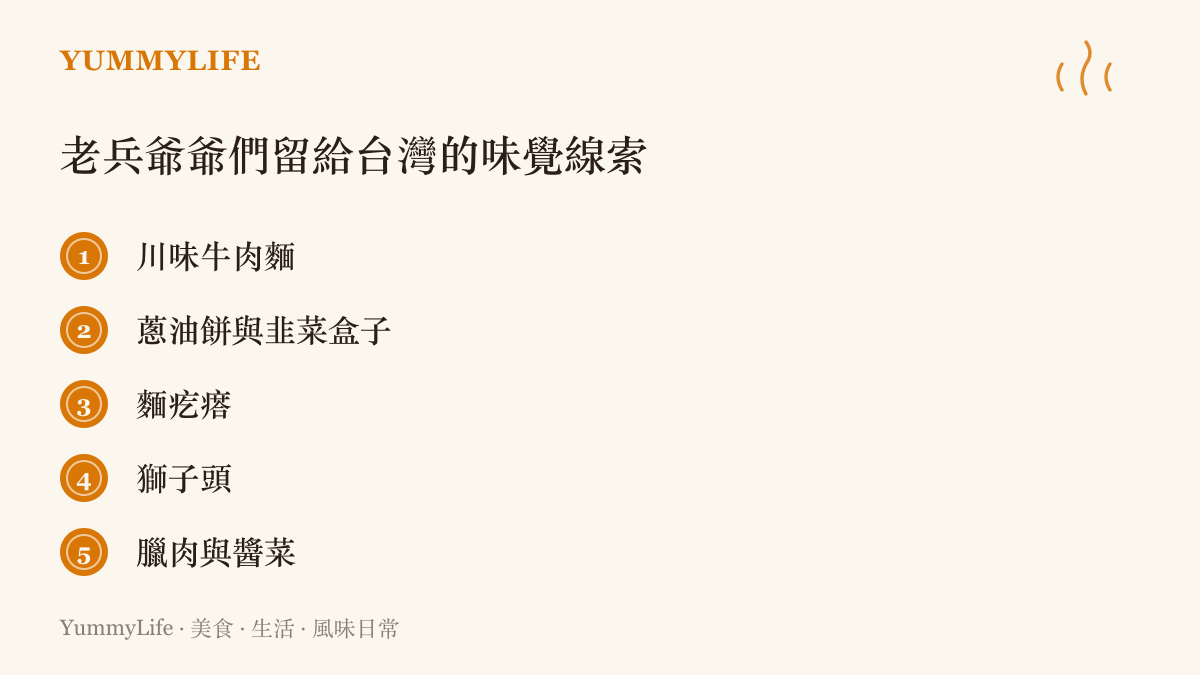 列出臺灣老兵爺爺們留下的味覺線索，包括川味牛肉麵、蔥油餅與韭菜盒子、麵疙瘩、獅子頭，還有臘肉與醬菜