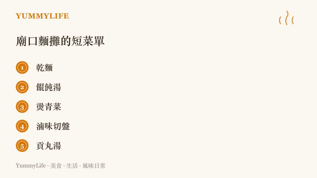 清單圖列出廟口麵攤常見的五樣招牌，從乾麵、餛飩湯、燙青菜到滷味與貢丸湯
