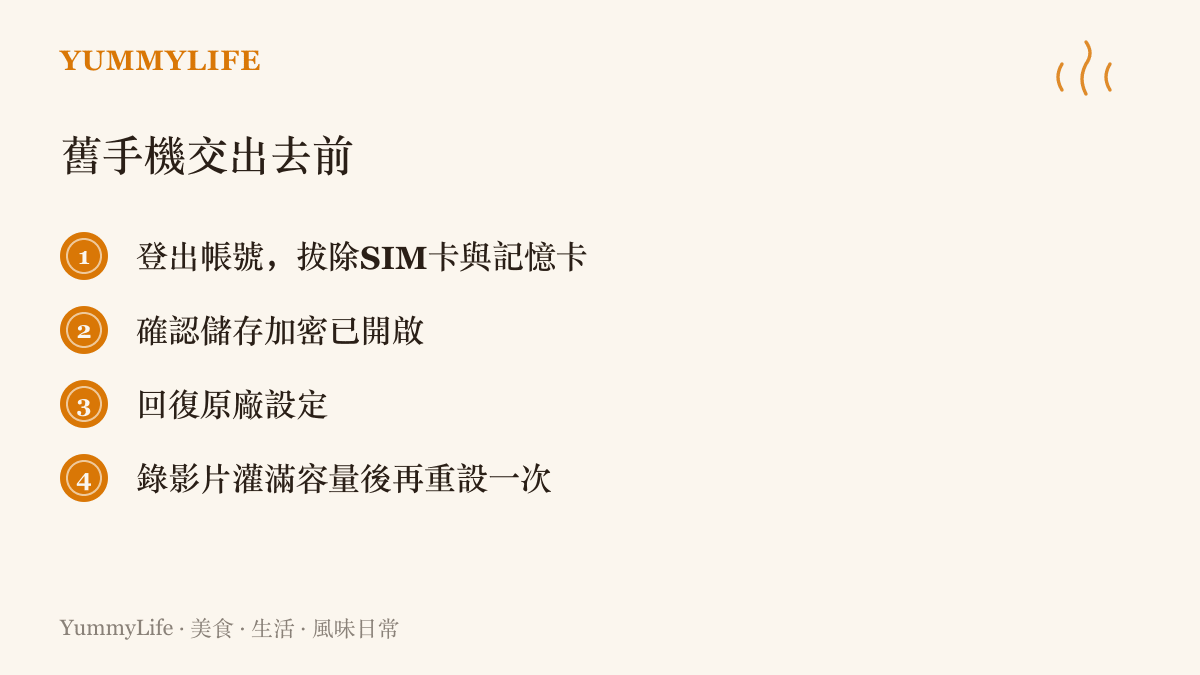 舊手機轉賣或回收前的清理步驟：登出帳號、拔除SIM卡與記憶卡、確認儲存加密、回復原廠設定，最後錄影片灌滿容量覆寫後再重設一次