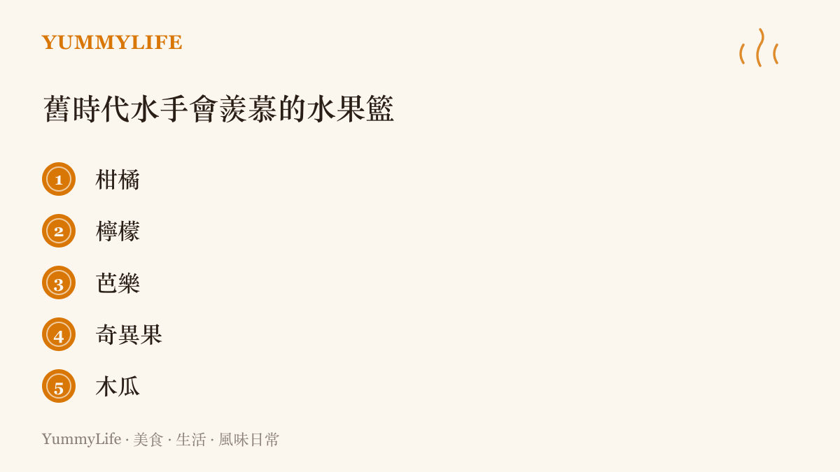 圖卡列出五種適合航行者補充維生素C的水果：柑橘、檸檬、芭樂、奇異果與木瓜