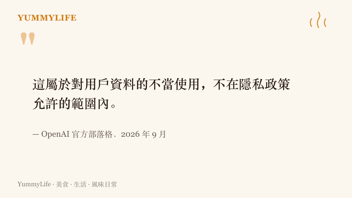 引言圖卡寫出 OpenAI 承認此事件屬於對用戶資料的不當使用、且不在其隱私政策允許範圍內，出處為 OpenAI 官方部落格