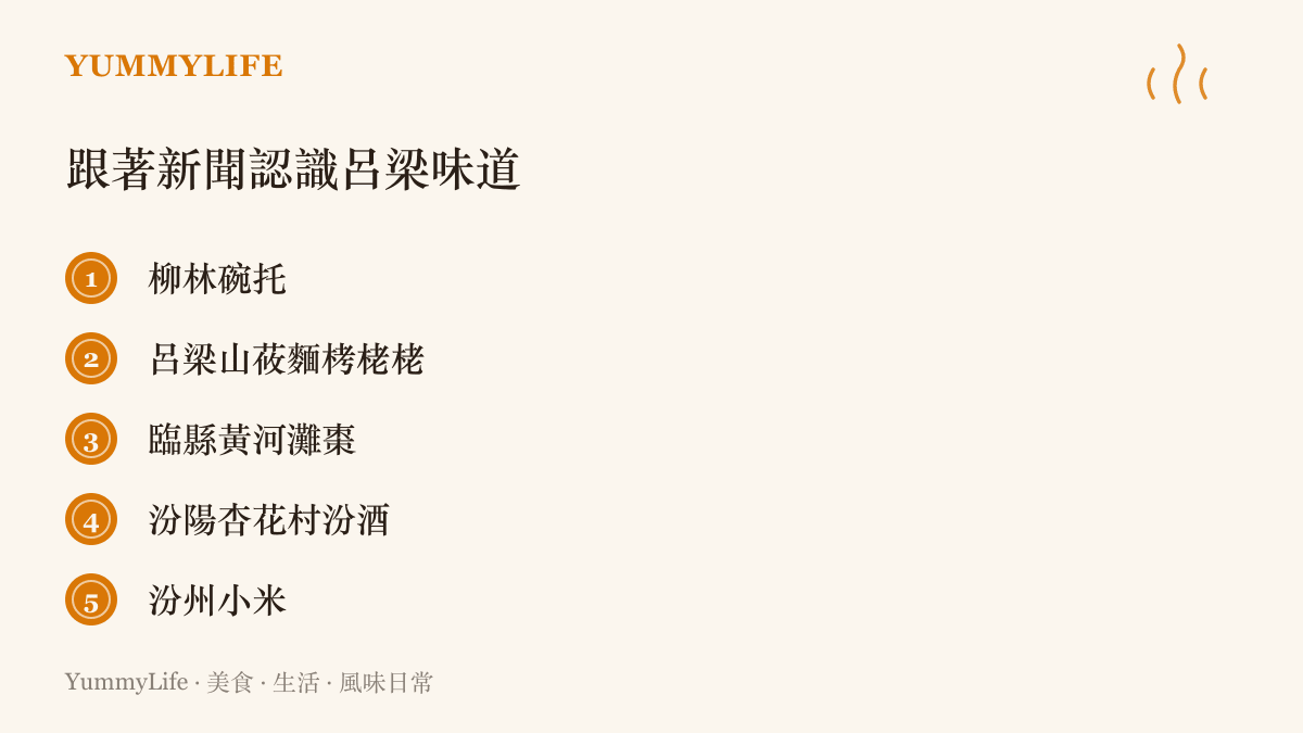 清單圖卡列舉山西呂梁的五種在地味道：柳林碗託、呂梁山莜麵栲栳栳、臨縣黃河灘棗、汾陽杏花村汾酒與汾州小米