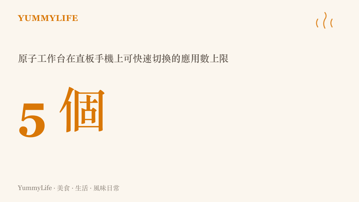 圖卡顯示 OriginOS 7 原子工作臺下放至直板手機後，最多可同時掛著五個應用快速切換