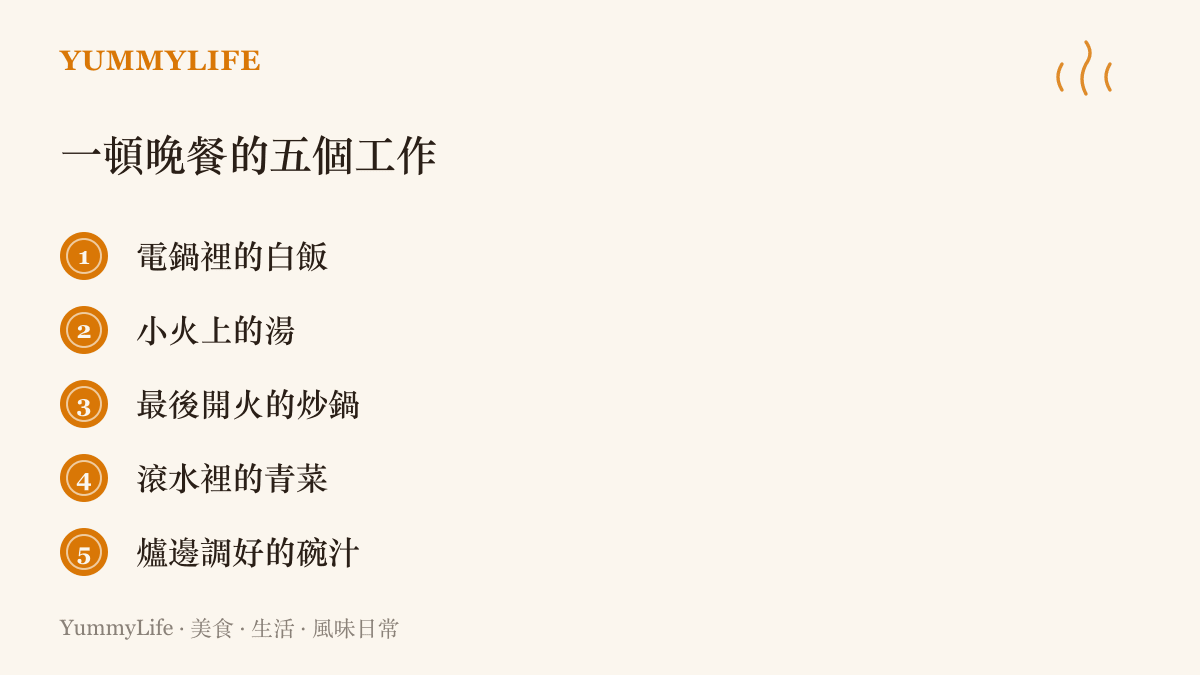 圖卡列出一頓家常晚餐可同時進行的五項爐臺工作：白飯、湯、主菜炒鍋、燙青菜與調好的醬汁小碗