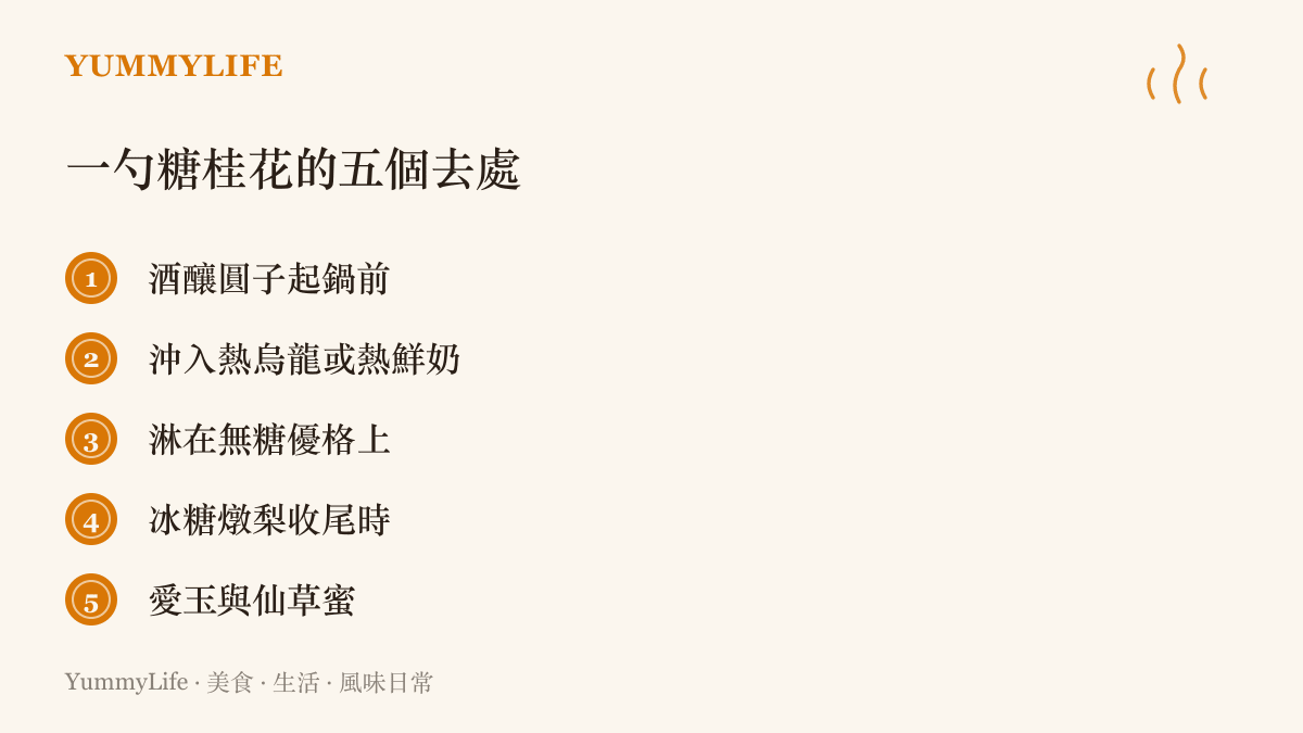 圖卡列出一匙糖桂花的五種家常用法：加進酒釀圓子、沖入熱烏龍或熱鮮奶、淋在無糖優格上、替冰糖燉梨添香，以及搭配愛玉與仙草蜜