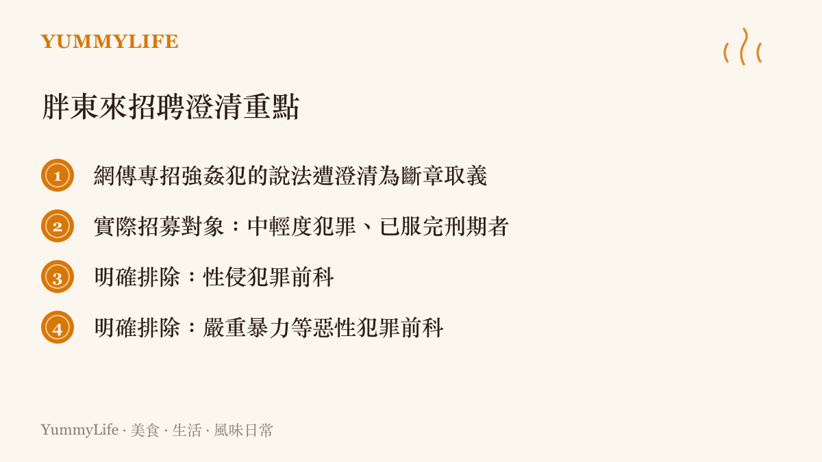 圖卡列出胖東來招聘澄清的四個重點：網傳專招強姦犯屬斷章取義，實際招募中輕度刑滿釋放人員，並明確排除性侵與嚴重暴力等惡性犯罪前科者