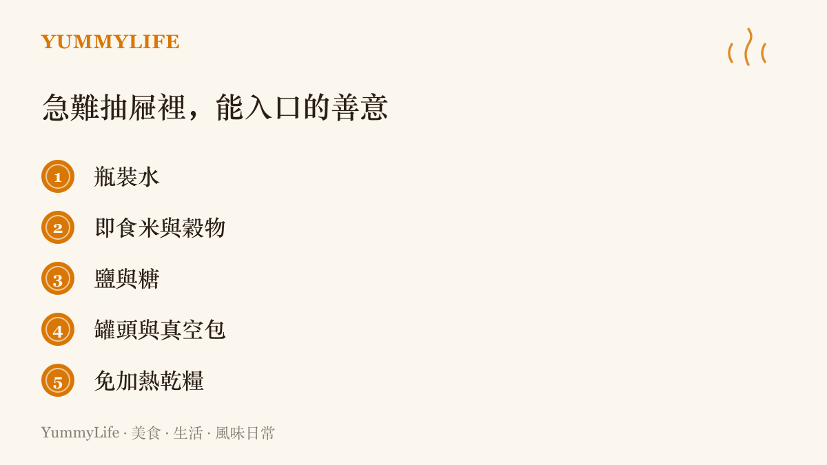 清單圖卡列出家庭急難存糧的建議項目，包括瓶裝水、即食米與穀物、鹽與糖、罐頭真空包與免加熱乾糧