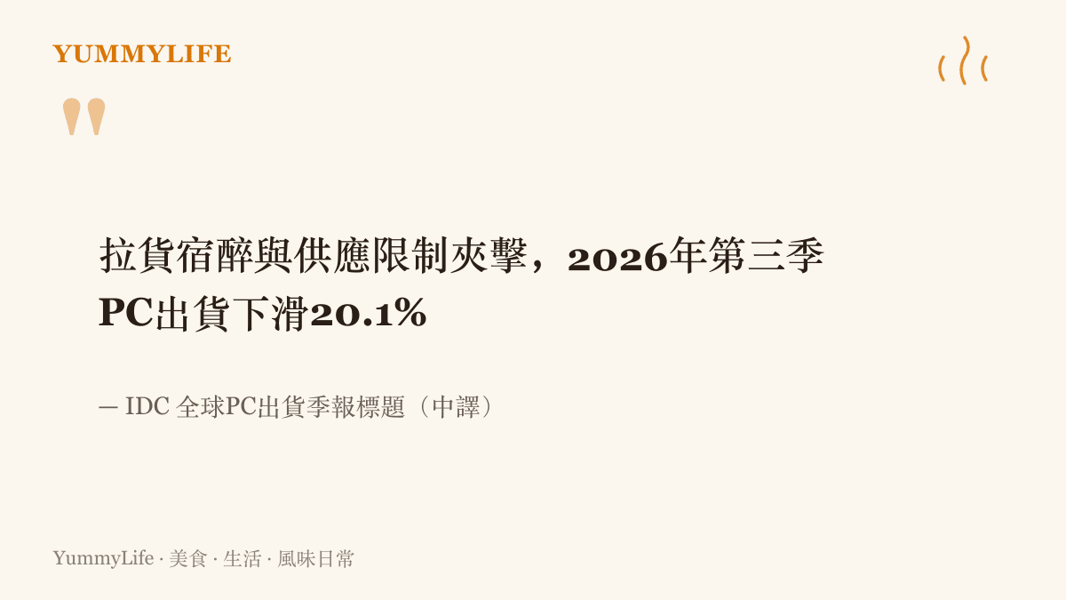引述IDC季報標題，指出提前拉貨的宿醉效應與供應限制，使2026年第三季全球PC出貨下滑20.1%