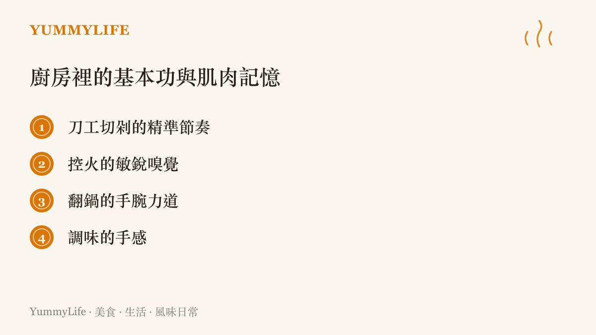 廚房裡的基本功清單，列出刀工、控火、翻鍋與調味四項需要反覆練習的肌肉記憶項目