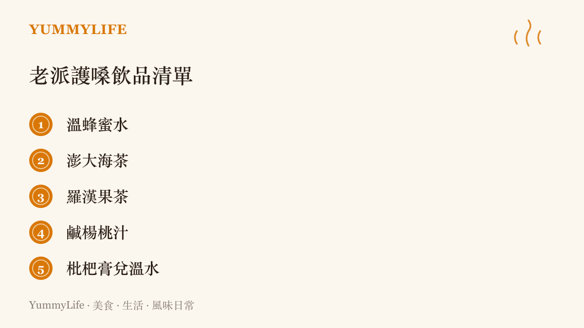 圖卡列出五種靠嗓子喫飯的人常喝的老派護嗓飲品：溫蜂蜜水、澎大海茶、羅漢果茶、鹹楊桃汁與枇杷膏兌溫水