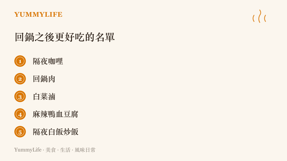 清單圖卡列出五種回鍋加熱後風味更佳的料理：隔夜咖哩、回鍋肉、白菜滷、麻辣鴨血豆腐與隔夜白飯炒飯