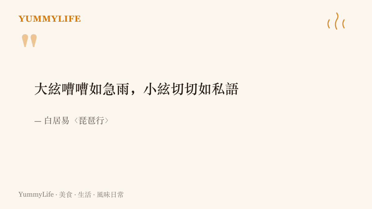 引言圖卡摘錄白居易〈琵琶行〉詩句「大絃嘈嘈如急雨，小絃切切如私語」，形容琵琶聲一會兒急促如落雨、一會兒細碎如耳語