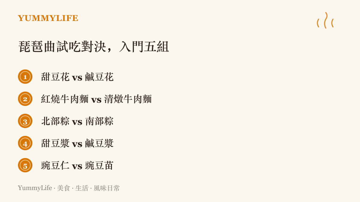 清單圖卡列出五組適合在家辦試喫對決的味覺配對：甜豆花對鹹豆花、紅燒牛肉麵對清燉牛肉麵、北部糉對南部糉、甜豆漿對鹹豆漿，以及豌豆仁對豌豆苗