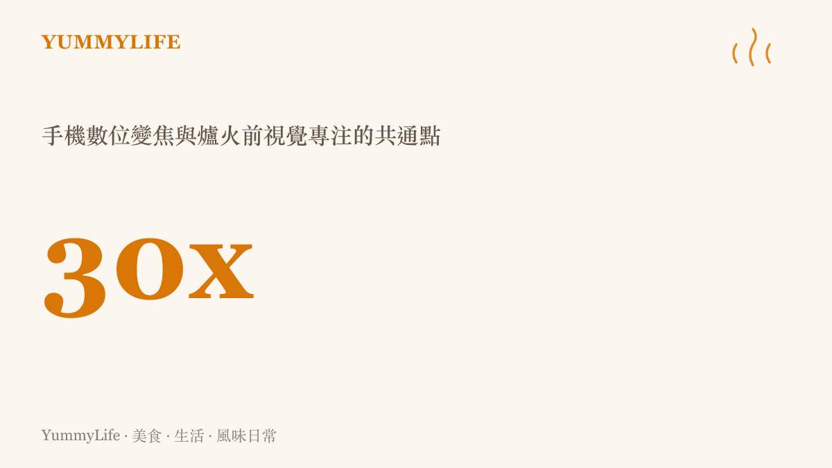數據圖卡呈現三十倍數位變焦的規格，象徵廚房裡對烹調細節的極致放大與專注力