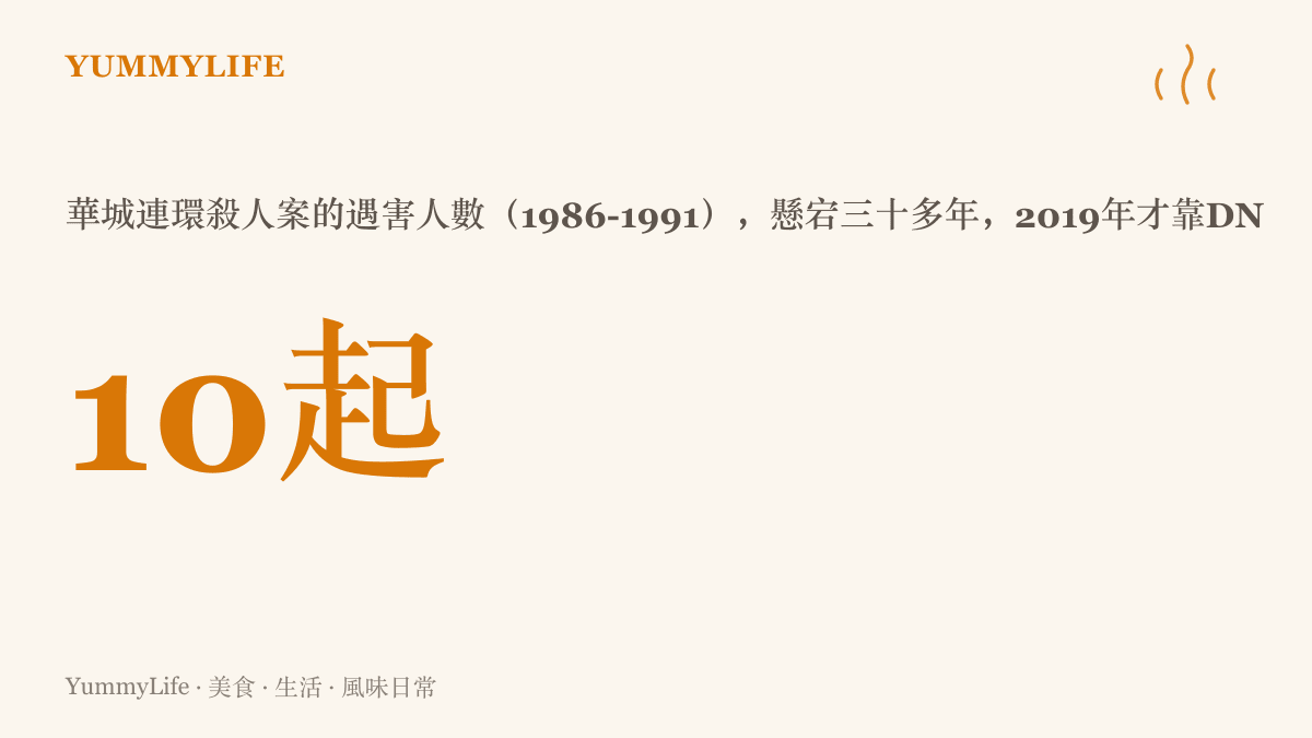 統計圖卡呈現南韓華城連環殺人案自1986至1991年共十名女性遇害，案件懸宕三十多年後於2019年靠DNA鎖定已在獄中服刑的李春在