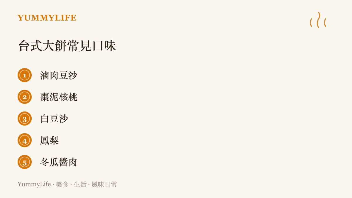 清單圖卡列出五種臺式大餅常見口味，包括滷肉豆沙、棗泥核桃、白豆沙、鳳梨與冬瓜醬肉，呈現訂婚喜餅從鹹甜到果香的各種選擇