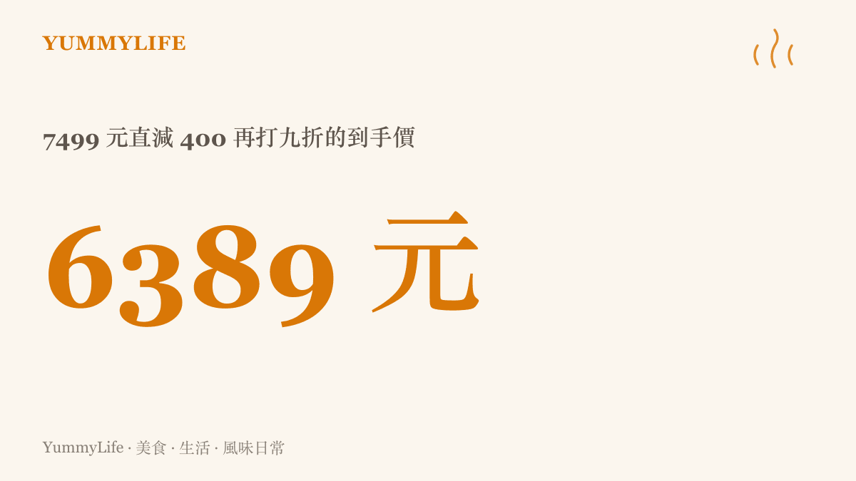 圖卡呈現 7499 元先直減 400 元再打九折後，到手價等於 6389 元的折扣計算結果