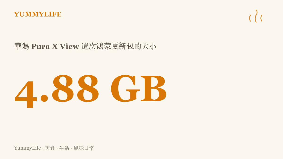 統計圖卡呈現華為 Pura X View 這次鴻蒙更新包約 4.88 GB，下載期間剛好夠泡一壺熱茶