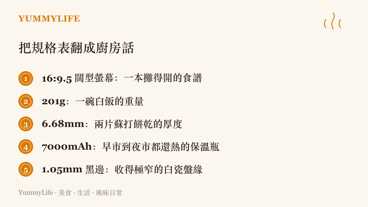 清單圖卡列出 Pura X View 五項規格的廚房對照，將螢幕比例、機身重量、厚度、電池容量與黑邊寬度，分別比喻為攤開的食譜、一碗白飯、蘇打餅乾、保溫瓶與白瓷盤緣
