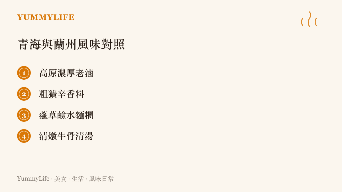 清單列出青海拉麵與蘭州牛肉麵在滷汁、辛香料與麵糰配方上的主要差異