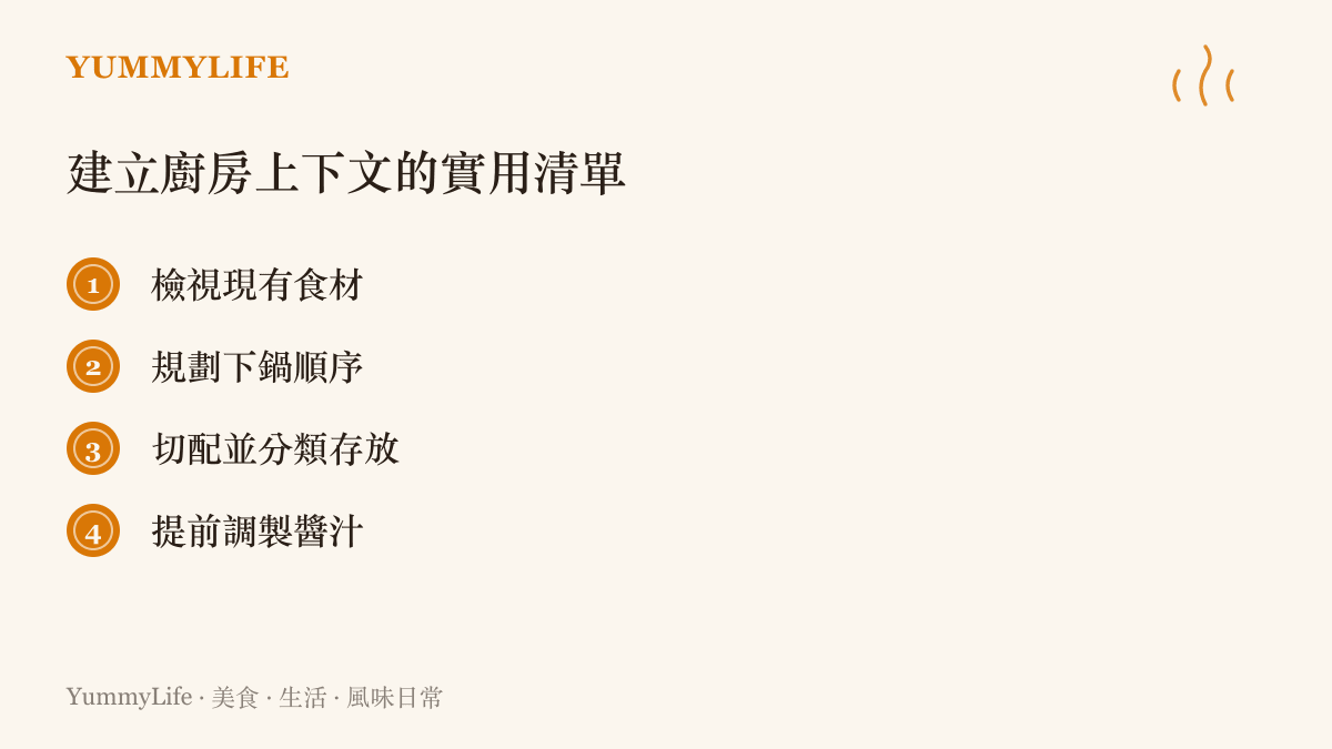 清單圖卡列出建立廚房上下文的四個實用步驟：檢視食材、規劃順序、切配分類與調製醬汁