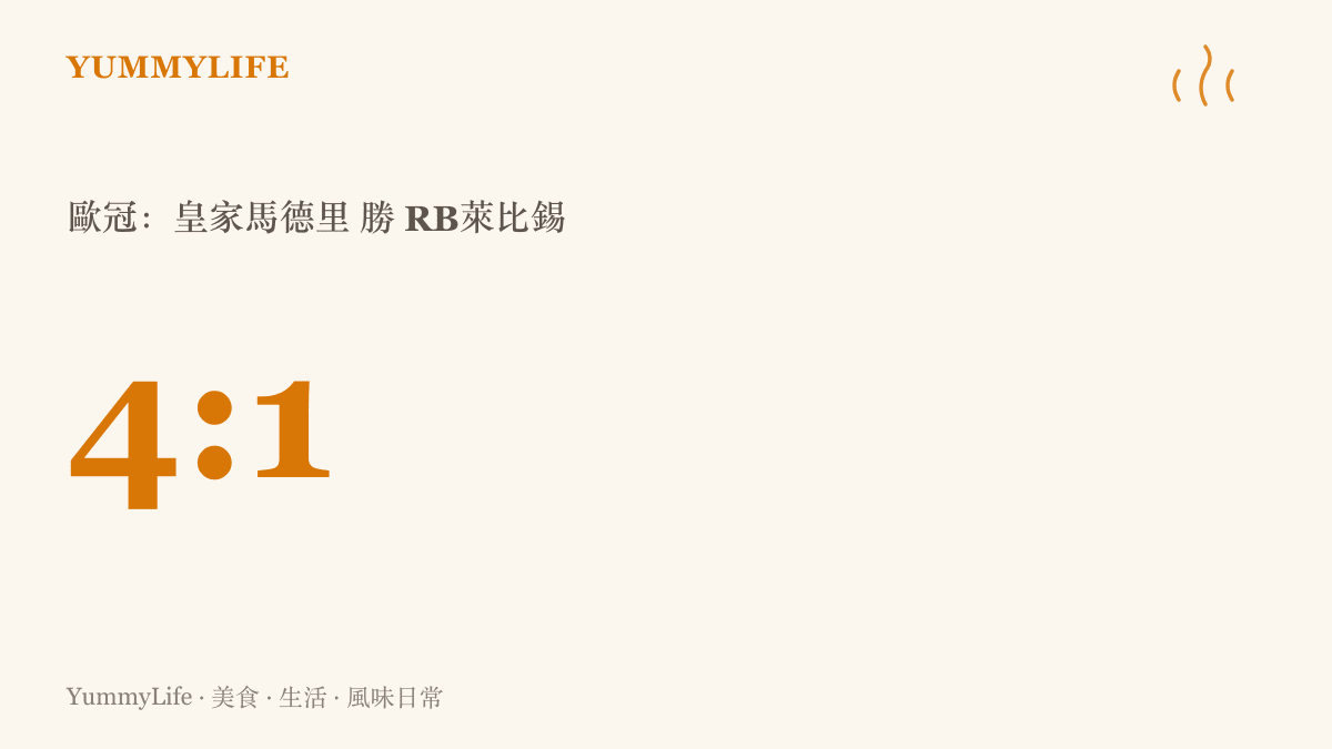 統計圖卡呈現歐冠賽場皇家馬德裏以4比1擊敗RB萊比錫的終場比數
