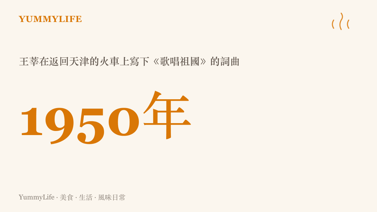 統計圖卡呈現《歌唱祖國》誕生於一九五〇年，王莘在返回天津的火車上隨車輪節奏記下詞曲初稿