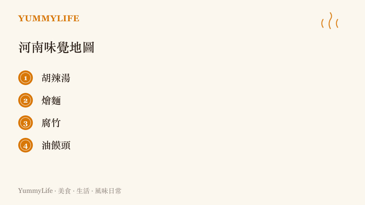 河南味覺地圖列出胡辣湯、燴麵、腐竹與油饃頭四種許昌與河南一帶的代表性食物