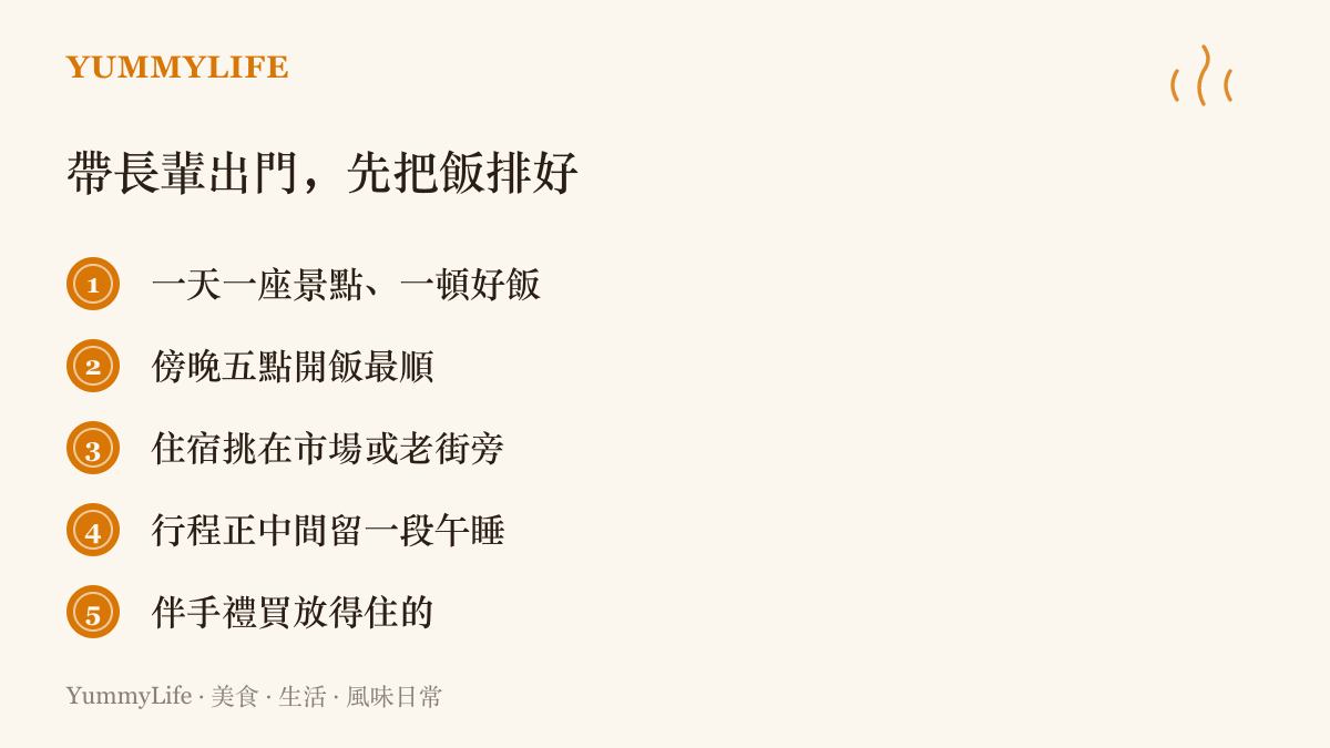 這張清單列出帶長輩旅行時安排喫飯的五個節奏：一天只排一座景點配一頓好飯、傍晚五點開飯、住宿選市場或老街旁、行程中間留午睡、伴手禮挑放得住的