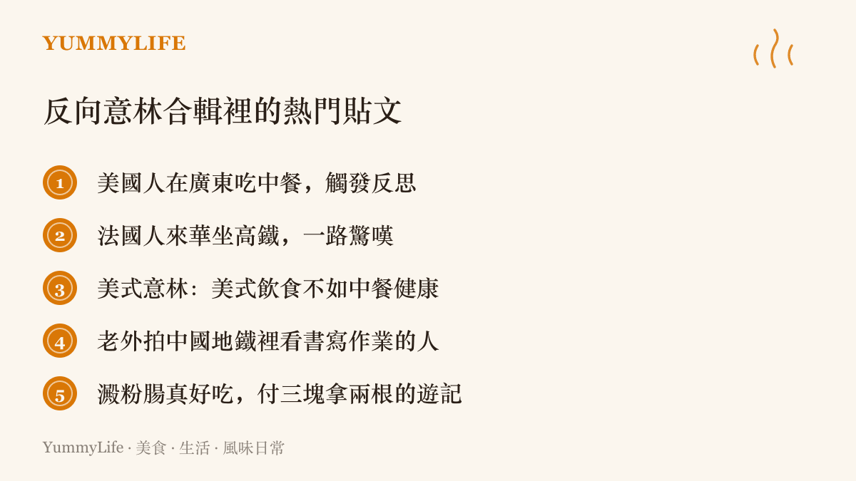 反向意林合輯中與飲食和日常相關的熱門貼文清單，包括外國人在廣東喫中餐後的反思、法國人搭高鐵的驚嘆、美式飲食不如中餐健康的主張，以及兩塊錢澱粉腸的遊記