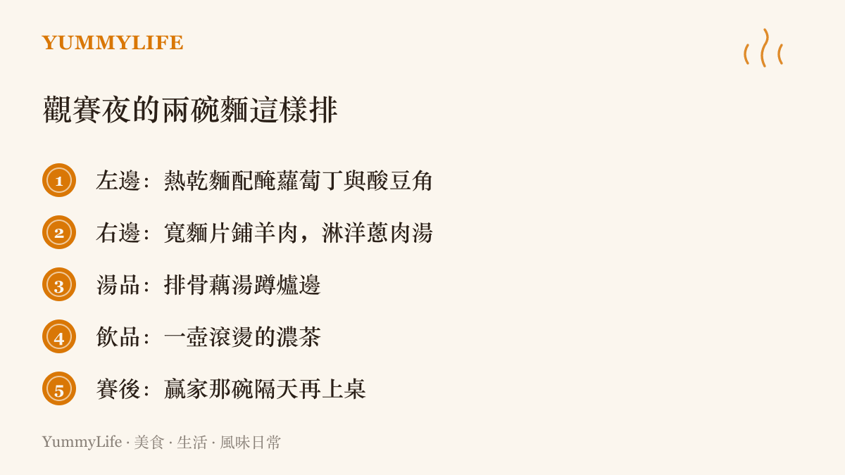 清單圖卡列出觀賽餐桌的排法，左邊熱乾麵、右邊手抓麵，附藕湯、濃茶與贏家那碗隔天重做的家規