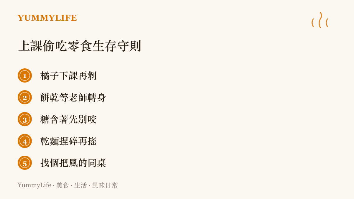 清單圖卡列出五條上課偷喫零食的生存守則：橘子下課再剝、餅乾等老師轉身、糖含著先別咬、乾麵捏碎再搖、找個把風的同桌