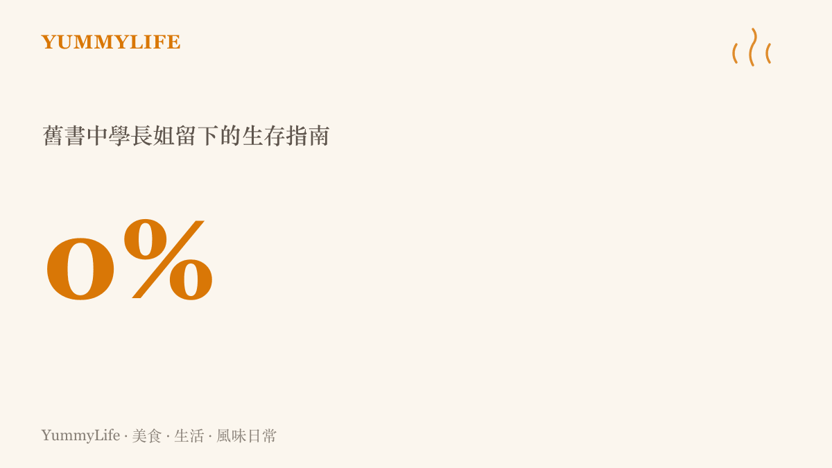 一個標示為百分之零的數據圖，象徵全新書籍中完全沒有學長姐留下的生存指南與筆記。
