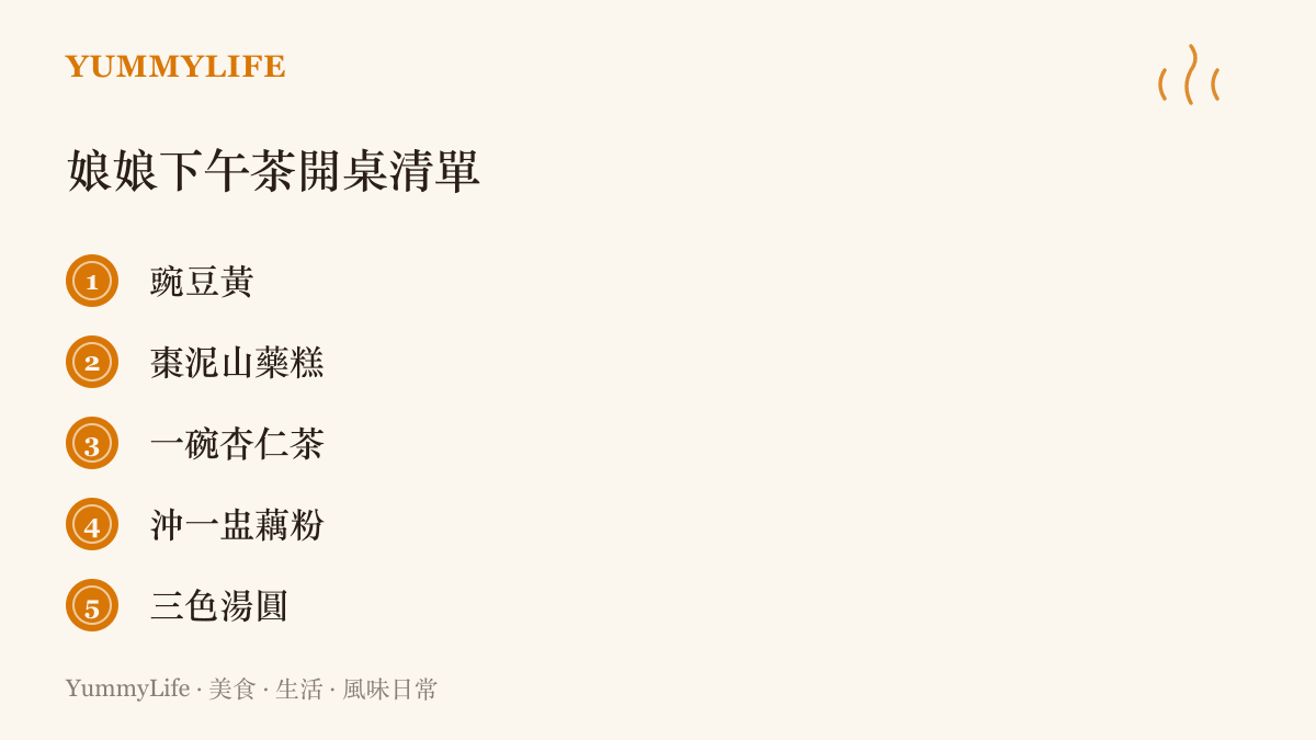 清單圖卡列出追殺馬特甄嬛二創影片時可準備的下午茶點：豌豆黃、棗泥山藥糕、杏仁茶、藕粉與三色湯圓