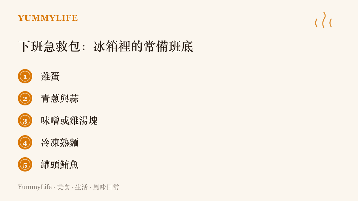 下班急救包清單列出雞蛋、青蔥與蒜、味噌或雞湯塊、冷凍熟麵、罐頭鮪魚五樣常備食材