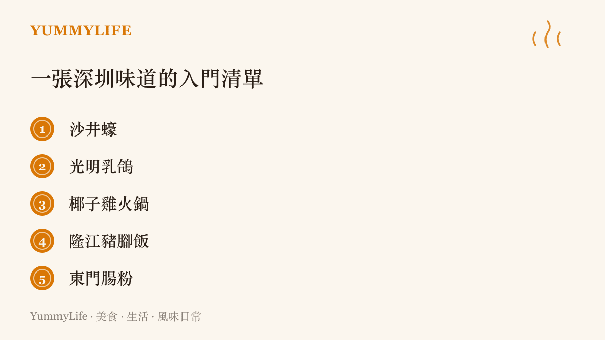 清單列出五種深圳代表味道：沙井蠔、光明乳鴿、椰子雞火鍋、隆江豬腳飯與東門腸粉，作為認識深圳飲食的入門起點