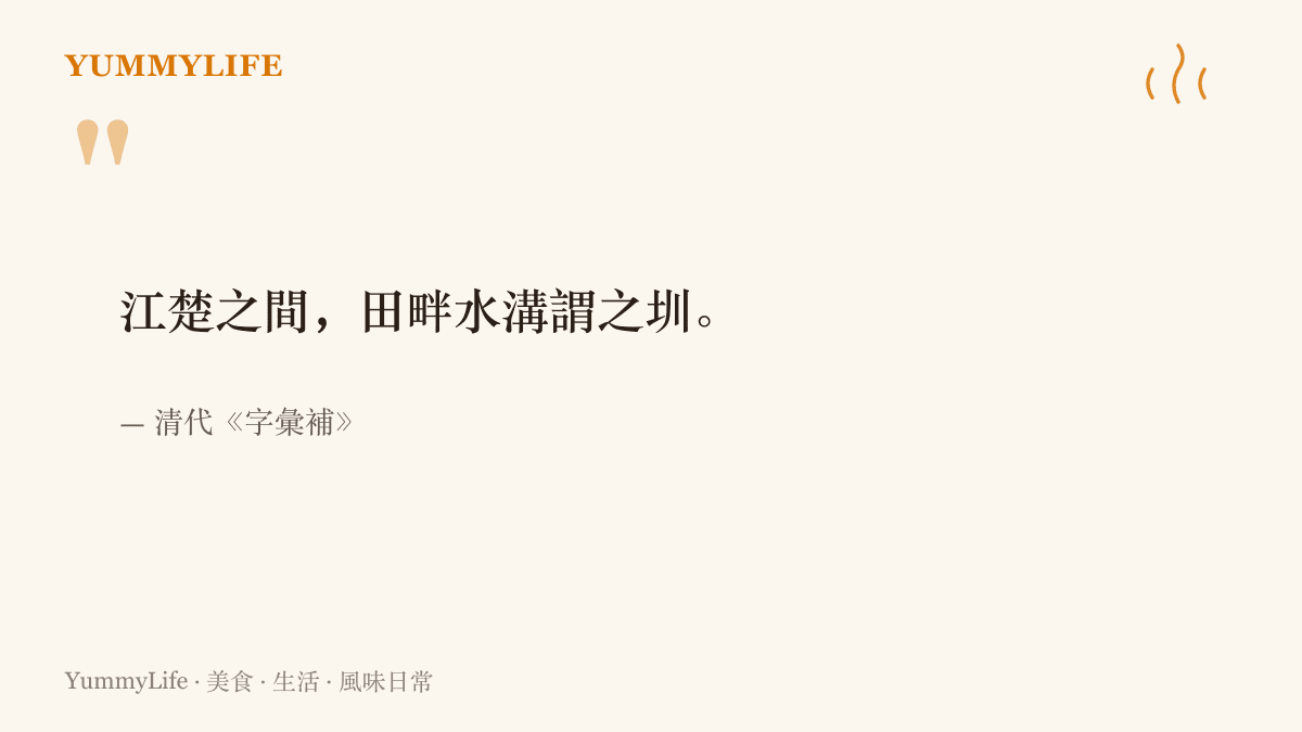 清代字書《字彙補》對圳字的釋義，指出江楚一帶將田邊水溝稱為圳，說明深圳地名的由來與農耕水源的關係