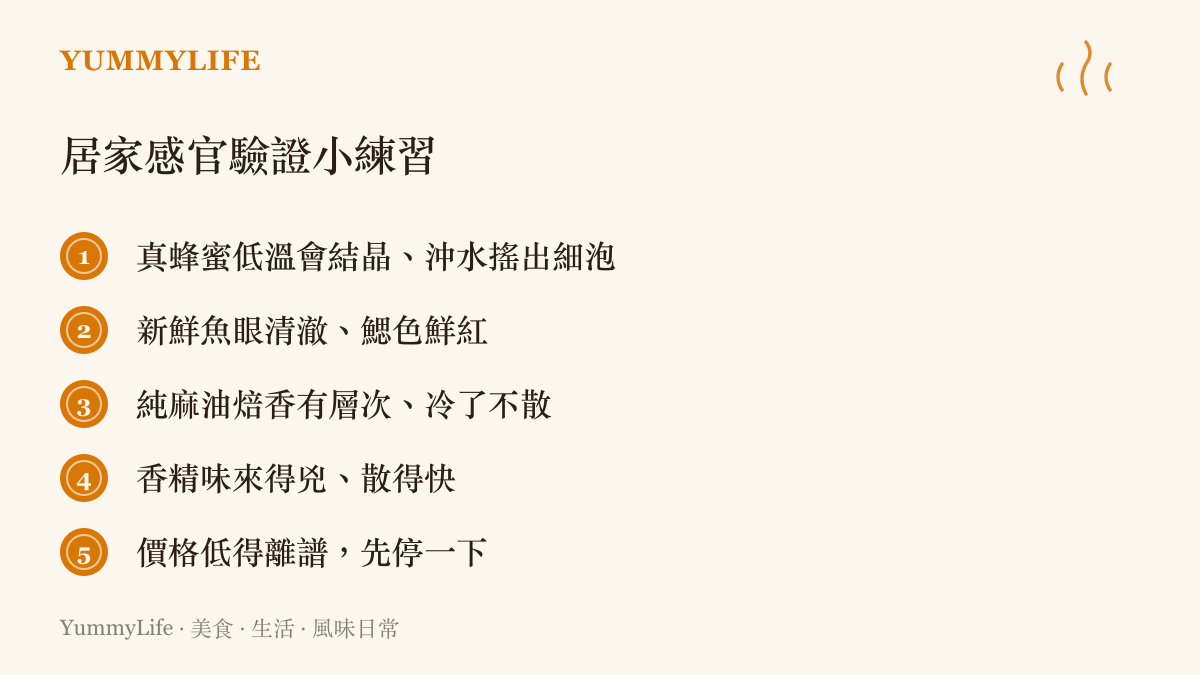 居家感官驗證清單列出真蜂蜜結晶與搖泡、魚眼清澈鰓色鮮紅、純麻油焙香層次、香精氣味散得快、離譜低價警覺等辨認線索