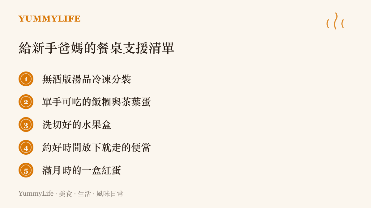 清單列出探望新手爸媽可以準備的五種餐食支援，包括無酒版湯品、單手可喫的飯糰與茶葉蛋、水果盒、約時間送達的便當與滿月紅蛋
