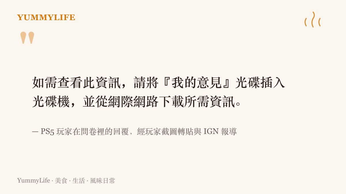 引言圖卡呈現一位 PS5 玩家的問卷回覆，調侃想讀取自己的意見，得先插入光碟再連網下載